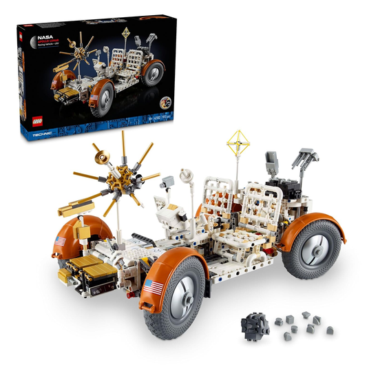 LEGO Technic 42182 NASA Apollo Lunar Roving Vehicle model showcasing realistic suspension, steering, and scientific tools, inspired by the Apollo 17 mission.