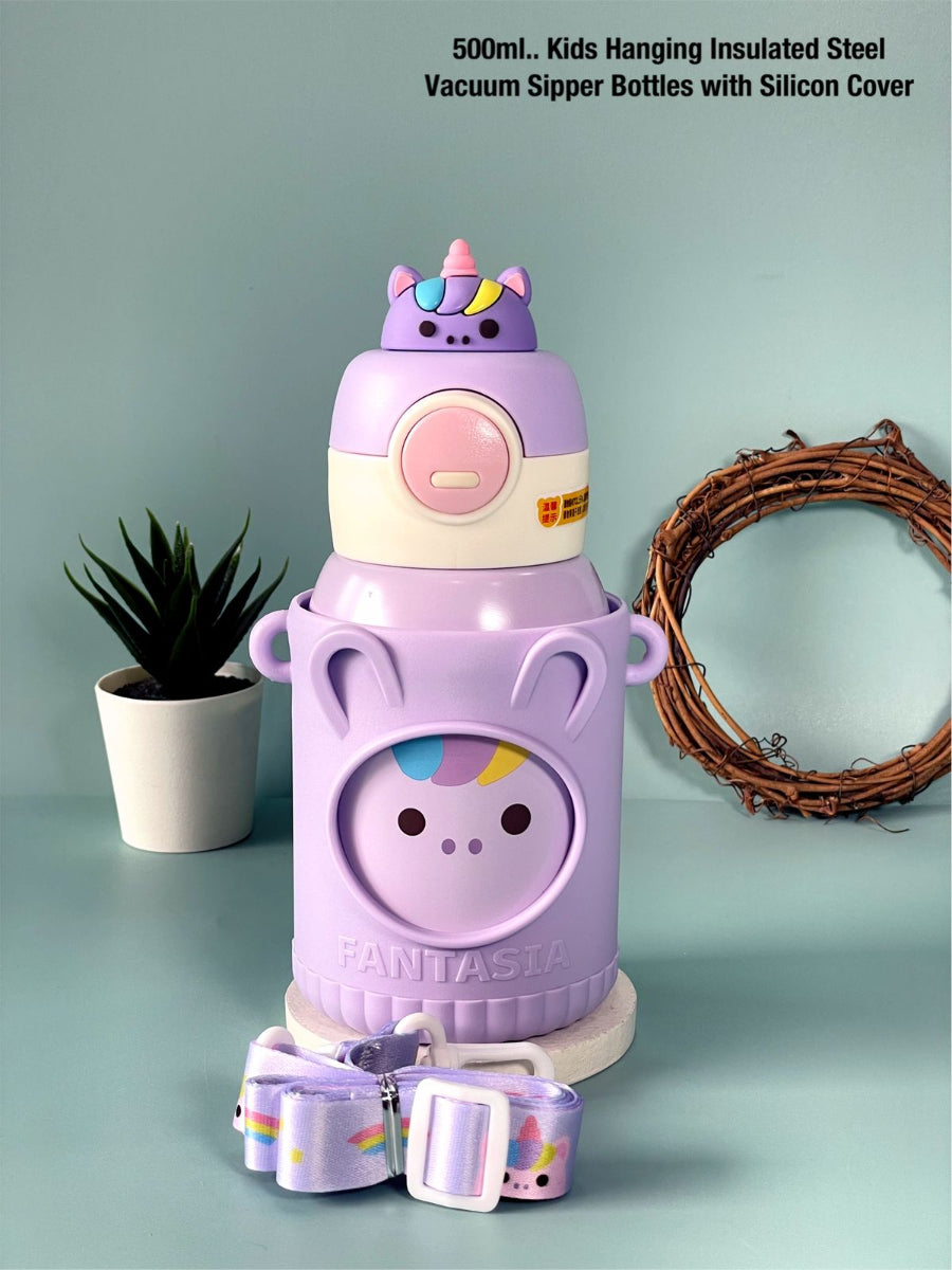 Cute Premium Kids Insulated Water Bottle Stainless with Silicon Cover 500 ML (Purple)
