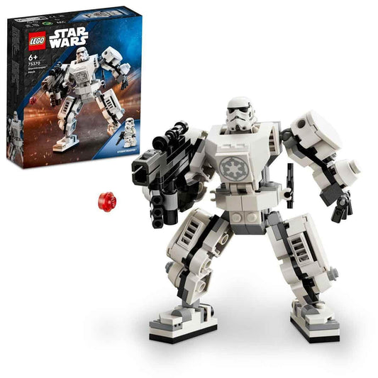 LEGO Star Wars 75370 Stormtrooper Mech set featuring a posable mech suit with an opening cockpit, stud-shooting blaster, and a Stormtrooper minifigure.