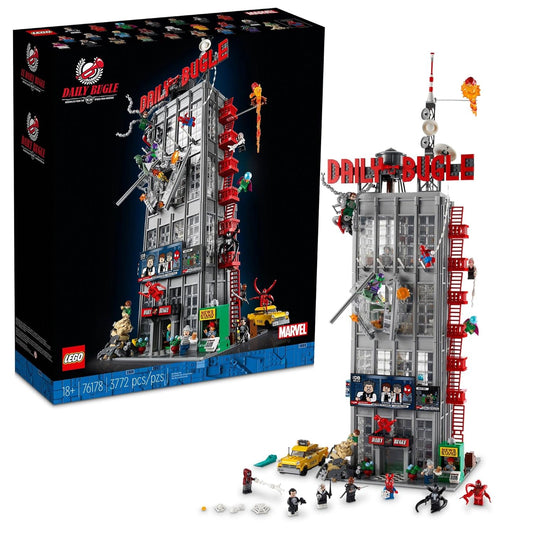 LEGO Marvel 76178 Daily Bugle set featuring a 4-story building with 25 minifigures, including Spider-Man, Green Goblin, and Daredevil, along with detailed interiors and