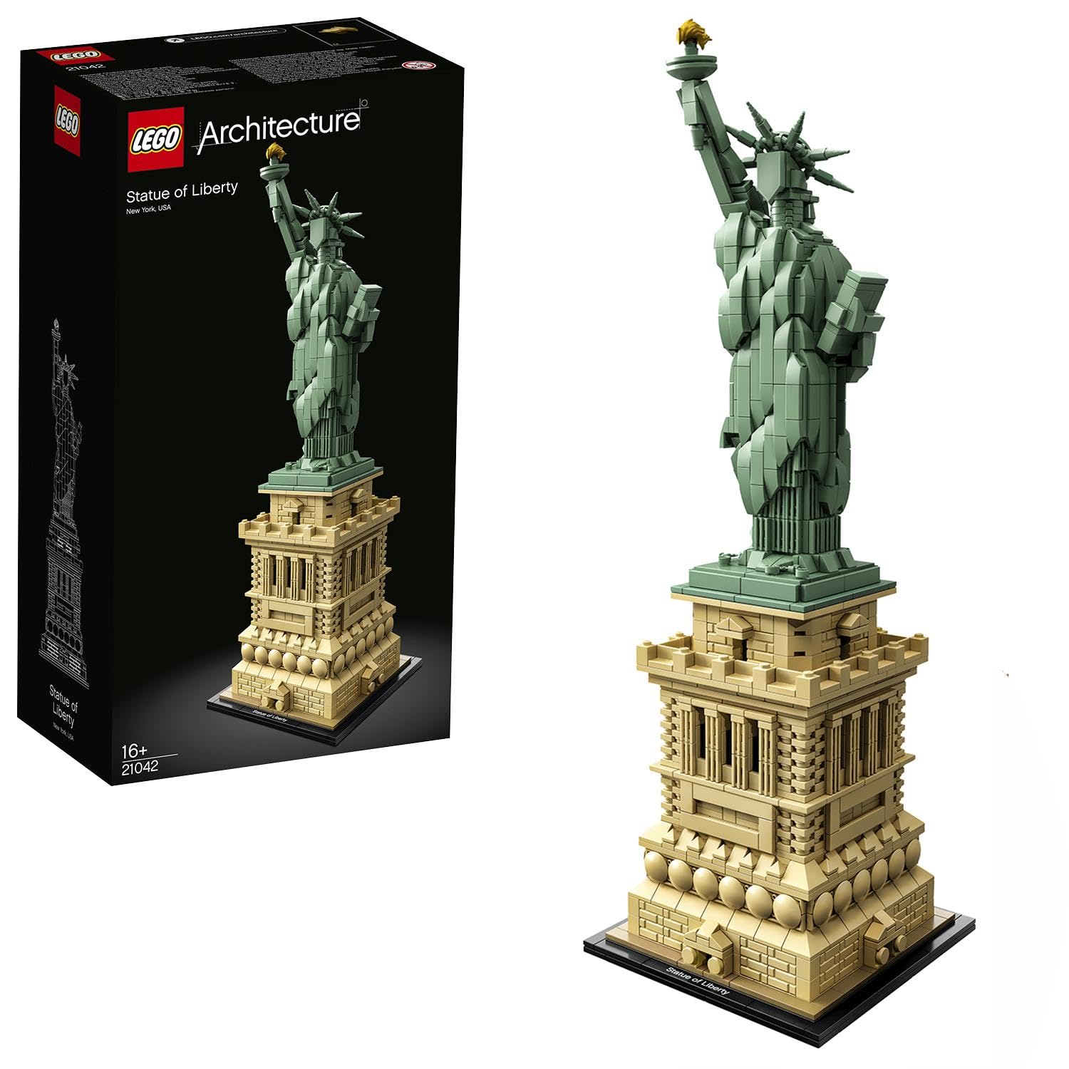 LEGO 21042 Architecture Statue of Liberty model set with 1,685 pieces, showcasing a detailed statue design