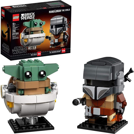  LEGO BrickHeadz 75317 set featuring buildable figures of The Mandalorian with blaster weapons and The Child with adjustable ears in a hoverpram.​