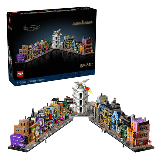 LEGO 76444 Diagon Alley Wizarding Shops set showcasing microscale buildings and microfigures.​