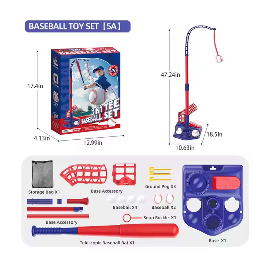 3-in-1 Kids Baseball Set – Tee Stand, Hanging Tee & Ball Launcher with 6 Balls | Adjustable Height Outdoor Game (Ages 3–12)