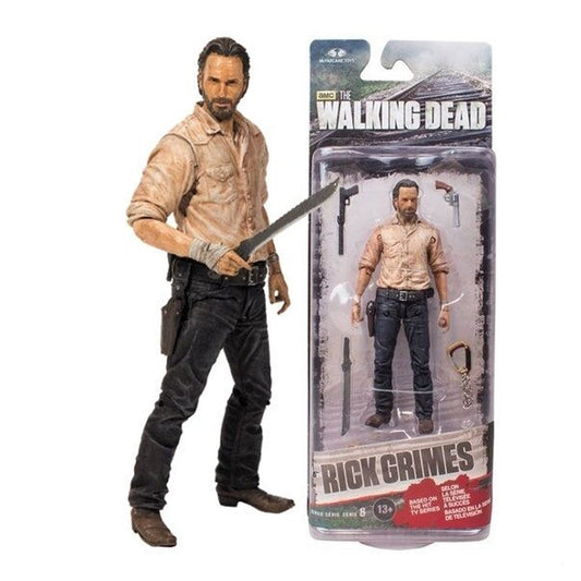 McFarlane Toys The Walking Dead TV Series 6 Rick Grimes action figure, showcasing detailed sculpting, accessories, and dynamic articulation.​

