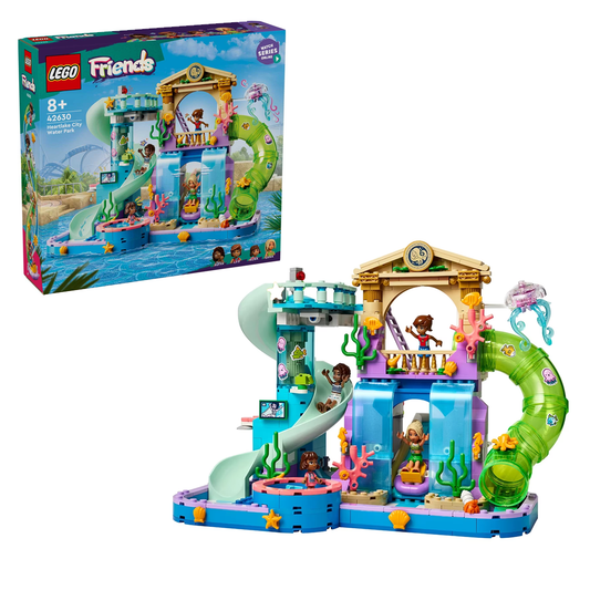 LEGO 42630 Friends Heartlake City Water Park set with slides, pools, mini-dolls, and summer accessories for fun water-themed adventures.

