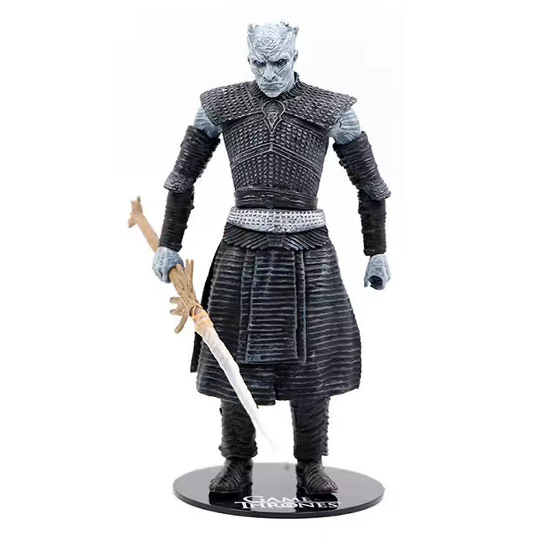 McFarlane Toys 6-inch Night King action figure from Game of Thrones, featuring detailed sculpt, blade, and spear accessories.​

