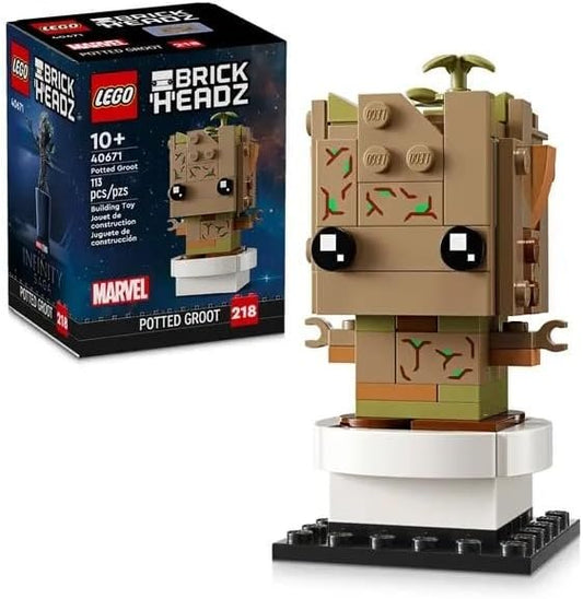 LEGO 40671 BrickHeadz Potted Groot set featuring a buildable Baby Groot in a plant pot, with detachable elements and a sturdy baseplate.​