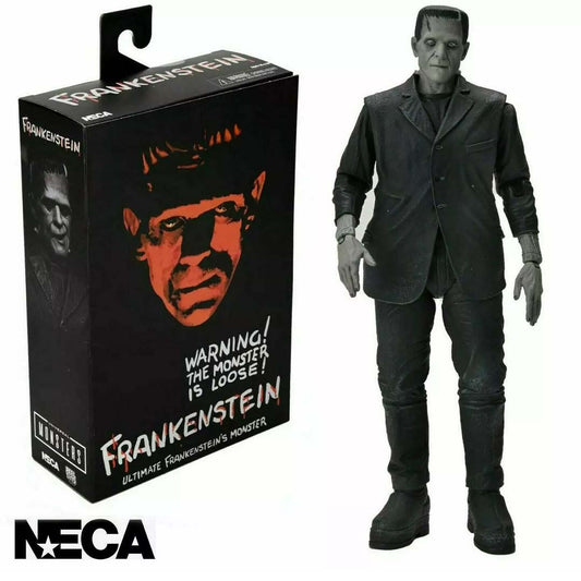 NECA Ultimate Frankenstein 7” action figure in black & white, celebrating 90th anniversary of Universal Monsters with detailed sculpt and accessories.

