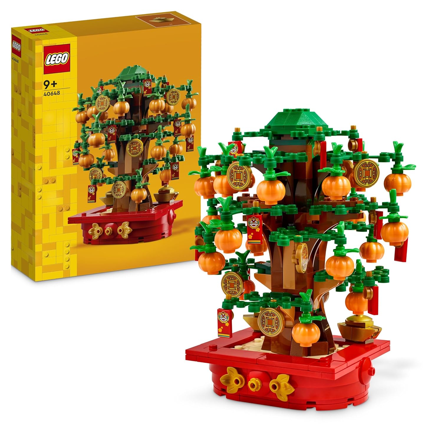  LEGO Money Tree 40648 set showcasing a decorative tree with tangerines, red envelopes, and coins, symbolizing prosperity and good luck for Lunar New Year.