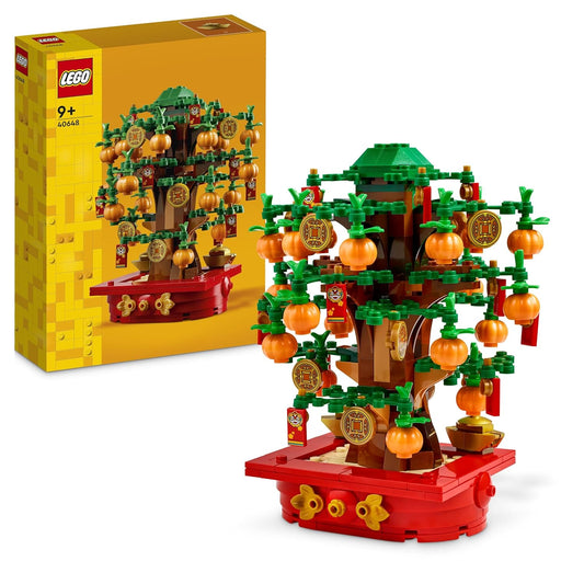  LEGO Money Tree 40648 set showcasing a decorative tree with tangerines, red envelopes, and coins, symbolizing prosperity and good luck for Lunar New Year.