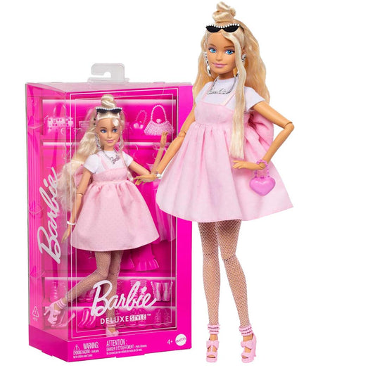 Barbie Deluxe Style Doll #3 in Barbiecore Outfit, Blond Hair in Top Knot, Pink Pastel Dress with Oversized Bow and Accessories Like Mesh Tights
