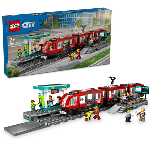 LEGO City 60423 Downtown Tram & Station set showcasing the tram, station, and included minifigures.​