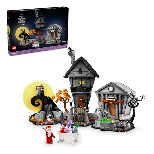 LEGO Ideas 21351 set featuring Spiral Hill, Jack’s house, Halloween Town Hall, and minifigures of Jack Skellington, Sally, Santa Claus, and more.​