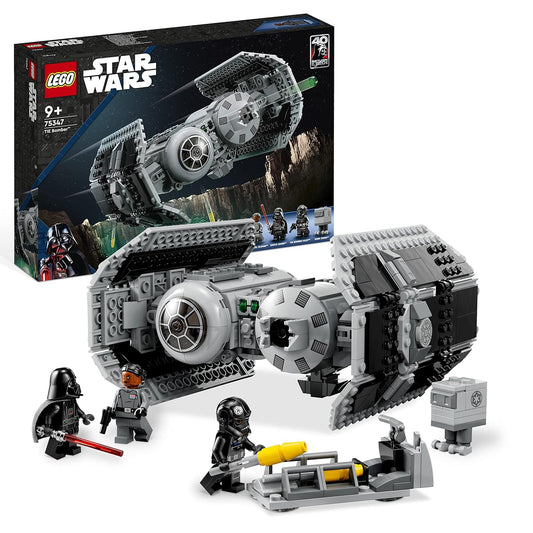 LEGO Star Wars 75347 TIE Bomber set showcasing a detailed starfighter with an opening cockpit, torpedo-dropping function, stud shooters, and 4 minifigures.