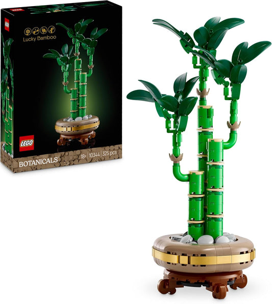 LEGO Botanicals Lucky Bamboo Set 10344, a 325-piece indoor plant decor featuring realistic bamboo stems, a pot, and a wood-effect plinth, designed for builders aged 18 and up.