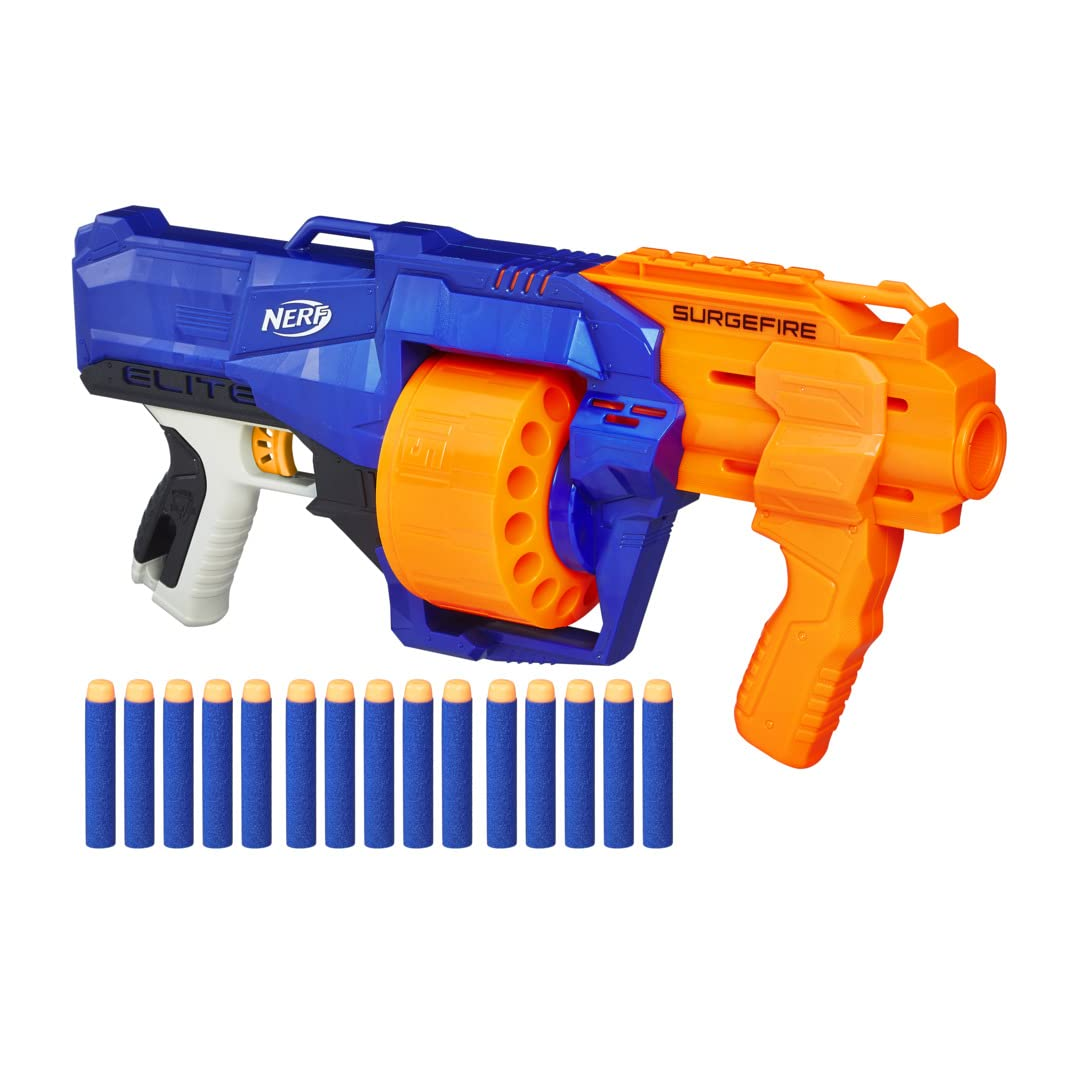 Nerf Surgefire Elite Blaster 15-Dart Rotating Drum, Slam Fire, Includes 15 Official Elite Darts for All Age