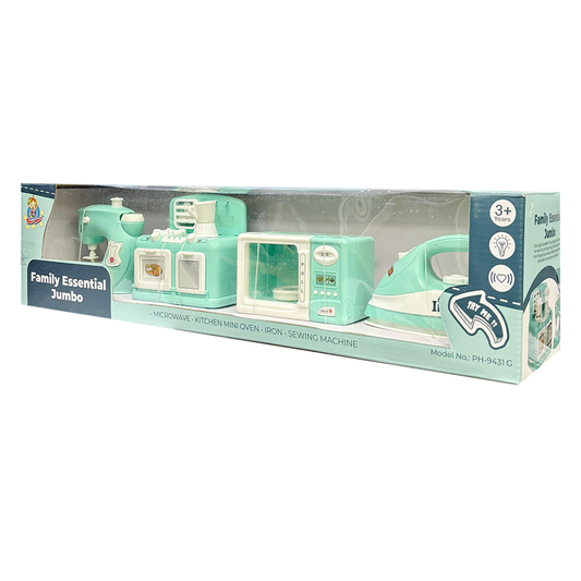 Pablo Honey Mini Iron, Microwave, Oven & Sewing Machine Household Play Set (Blue)