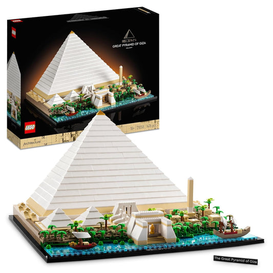 LEGO Architecture 21058 model of the Great Pyramid of Giza, showcasing intricate cross-section details, surrounding structures, and informative design elements.