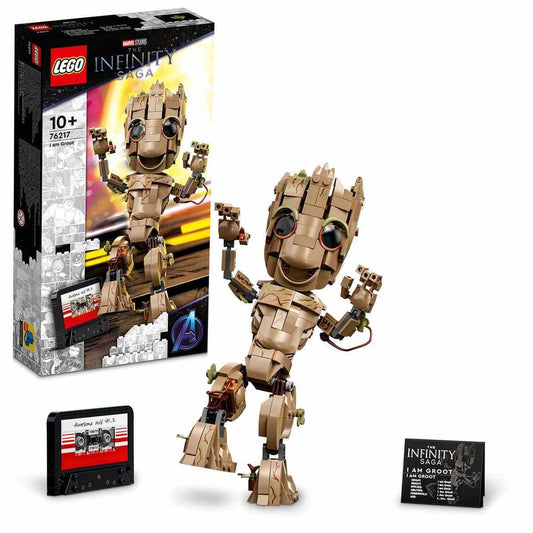 LEGO 76217 Marvel I Am Groot set showcasing a buildable Baby Groot figure with cassette tape and nameplate accessories.