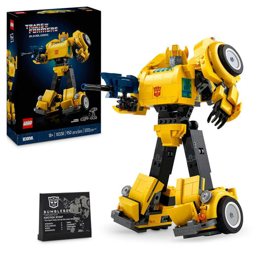 LEGO Icons 10338 Transformers Bumblebee set showcasing a detailed model that converts from robot to vehicle mode, with articulated joints, ion blaster, jetpack, and display plaque.​