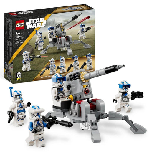 LEGO Star Wars 75345 set featuring 4 minifigures—501st Officer, 501st Clone Specialist, and 2 501st Heavy Troopers—each with blasters, accompanied by a buildable AV-7 anti-vehicle cannon.