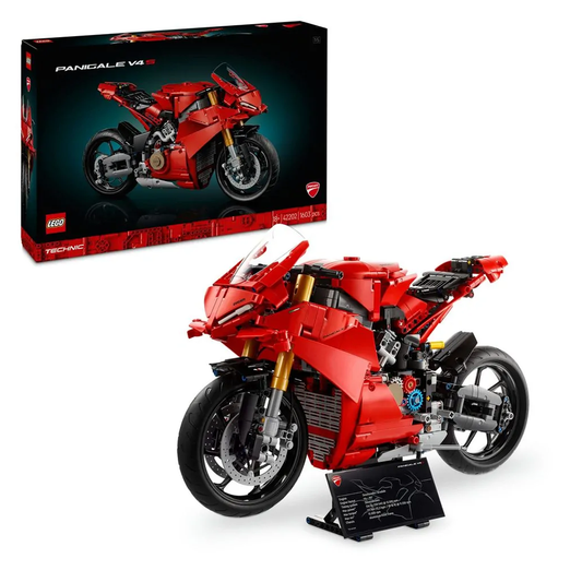 LEGO 42202 Ducati Panigale V4 S Motorcycle model featuring red bodywork, front and rear suspension, functional gearbox, and display stand.​