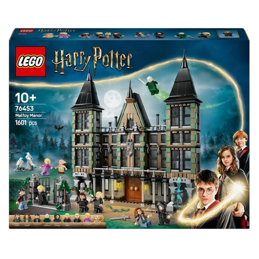 LEGO 76453 Malfoy Manor set featuring a detailed manor with 9 minifigures, including Harry Potter, Hermione Granger, and Lord Voldemort, plus Nagini figure.​