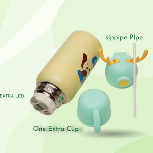 Deer Stainless Steel Water Bottle For Kids with carry bag, additional cup and sipper 500 ML (Cream)