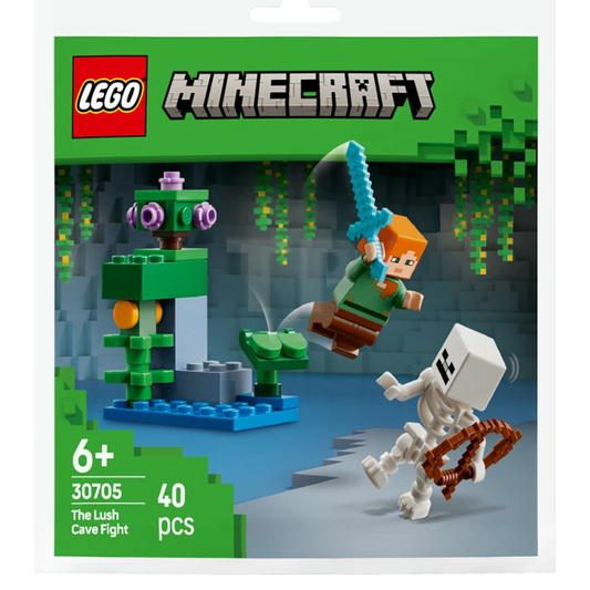 LEGO 30705 Minecraft The Lush Cave Fight Ecobag – 40-piece set with Alex and Skeleton minifigures in a lush cave environment.
