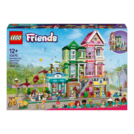 LEGO 42670 set featuring colorful modular buildings with apartments, shops, and a park, including minidolls and cat figures.​