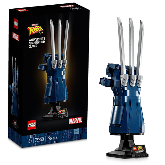 LEGO Marvel 76250 Wolverine's Adamantium Claws set featuring a detailed replica of Wolverine's clawed glove with posable claws, movable fingers, and a display stand.