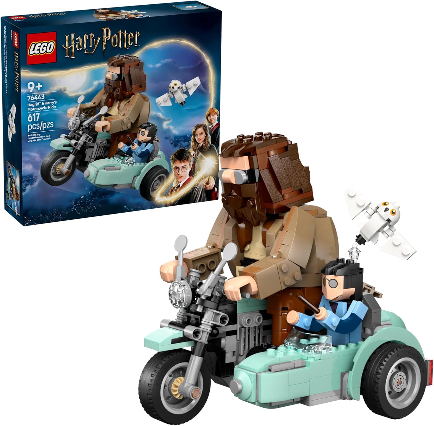 LEGO Harry Potter Hagrid & Harry's Motorcycle Ride Set 76443, a 617-piece building toy featuring posable figures of Hagrid, Harry, and Hedwig on a detailed motorcycle, designed for builders aged 9 and up.