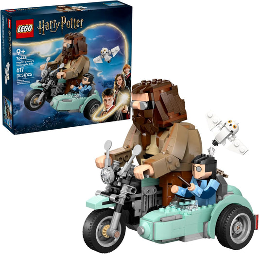 LEGO Harry Potter Hagrid & Harry's Motorcycle Ride Set 76443, a 617-piece building toy featuring posable figures of Hagrid, Harry, and Hedwig on a detailed motorcycle, designed for builders aged 9 and up.