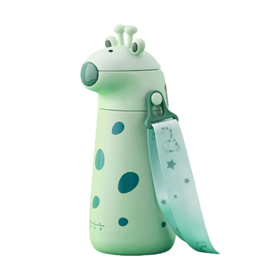 Kids Green Giraffe Thermos Flask Water Bottle with One-Touch Flip Lid and Straw, Stainless Steel Bottle 400 ML