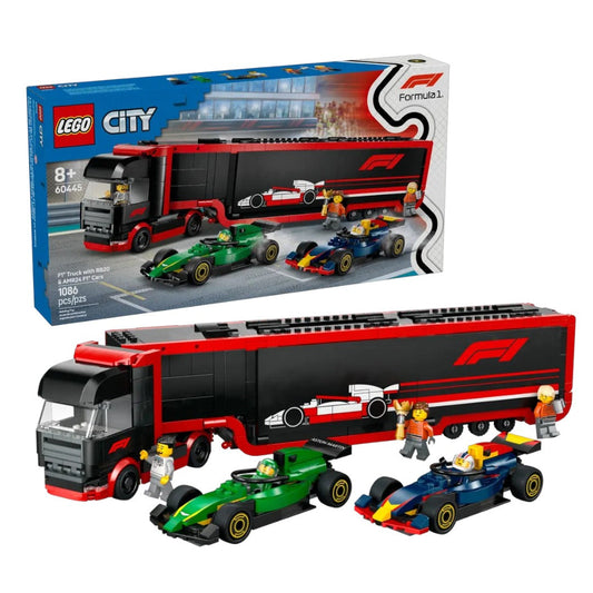 LEGO City 60445 F1 Truck set displaying a red and black transporter with a detachable trailer, two Formula 1 cars, and five minifigures, including drivers and crew.​
Amazon
+8
