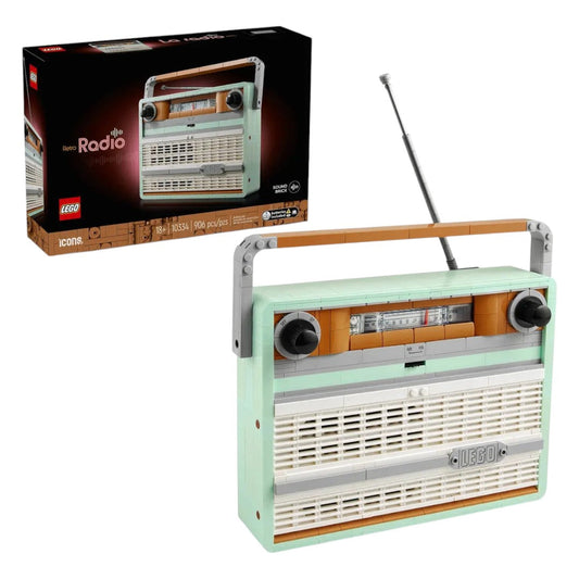LEGO Icons 10334 Retro Radio model showcasing a vintage radio design with intricate details, perfect for collectors and LEGO fans.
