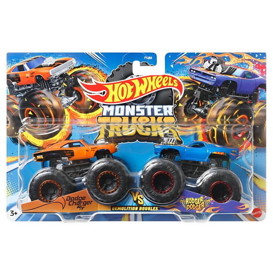 Hot Wheels Monster Trucks Demo Doubles, Dodge Charger R/T Vs Rodger Dodger 2 Pack 1:64 Scale