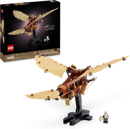 LEGO Icons 10363 Leonardo da Vinci's Flying Machine set, a 493-piece ornithopter model with functional wings and tail, including a Leonardo da Vinci minifigure, designed for builders aged 18 and up.