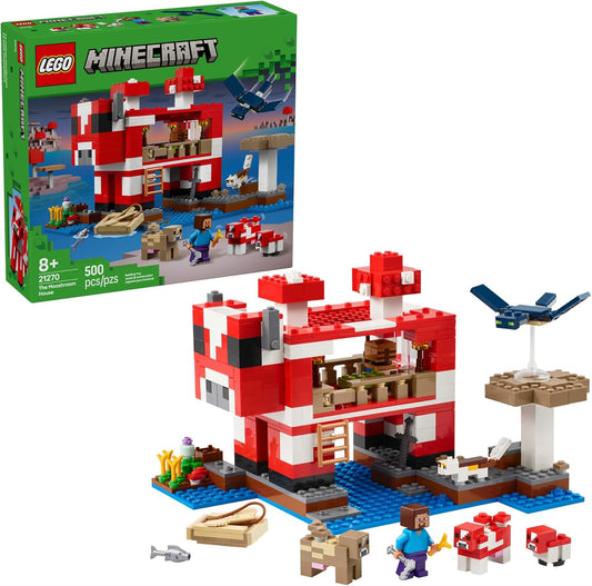 LEGO Minecraft The Mooshroom House Set 21270, a 500-piece building playset featuring Steve, mooshroom figures, and interactive accessories, designed for builders aged 8 and up.