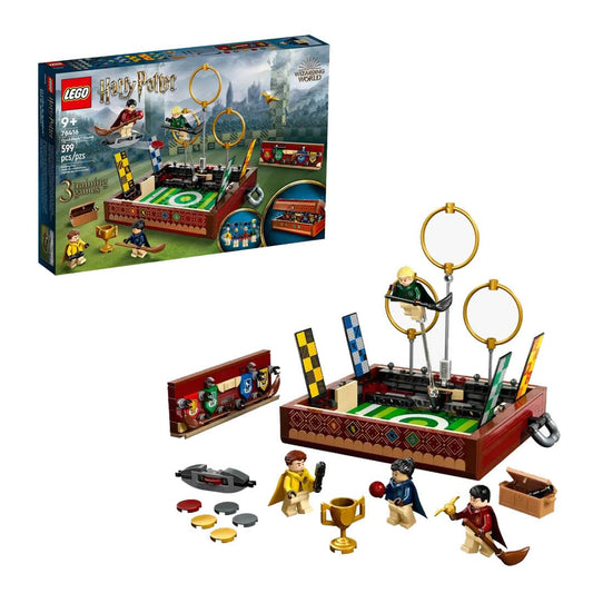 LEGO Harry Potter 76416 Quidditch Trunk set featuring a buildable trunk that opens into a Quidditch pitch, with customizable minifigures and game accessories.