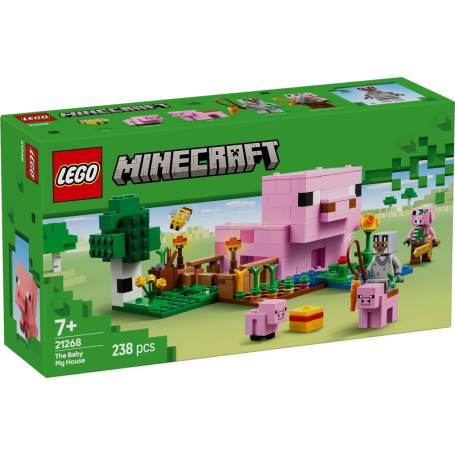 LEGO Minecraft The Baby Pig House 21268 set showcasing a pig-shaped house, farm plot with crops, and minifigures including a baby pig, designed for builders aged 7+
