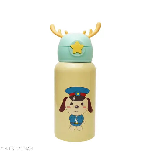 Deer Stainless Steel Water Bottle For Kids with carry bag, additional cup and sipper 500 ML (Cream)