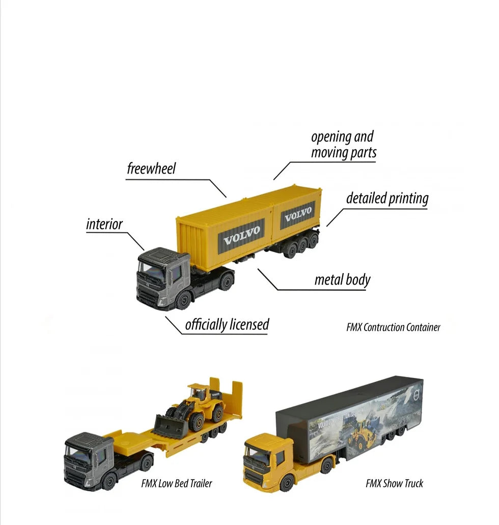 Majorette Construction Volvo Transporter Truck – FMX Low Bed Trailer Diecast Pack of 3