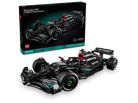 LEGO 42171 Technic Mercedes-AMG F1 W14 E Performance set featuring a detailed 1:8 scale model with steering, 6-cylinder engine with moving pistons, DRS-inspired rear wing, and authentic 2023 livery.​
