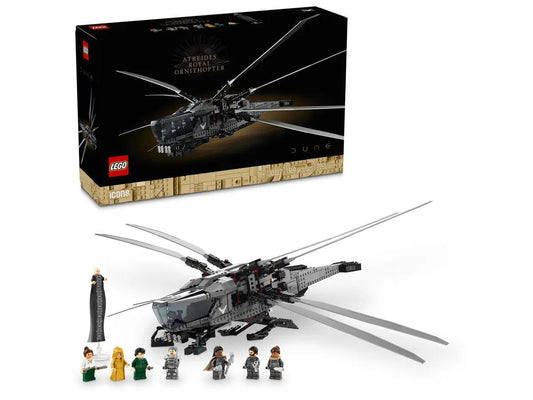 LEGO Icons 10327 Dune Atreides Royal Ornithopter set showcasing the detailed aircraft model with extended wings, landing gear, cockpit, and accompanying minifigures.​

