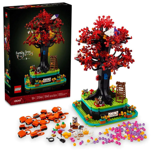 LEGO Ideas 21346 Family Tree set showcasing a vibrant tree with red foliage, photo holders, and decorative accessories on a detailed base.​
