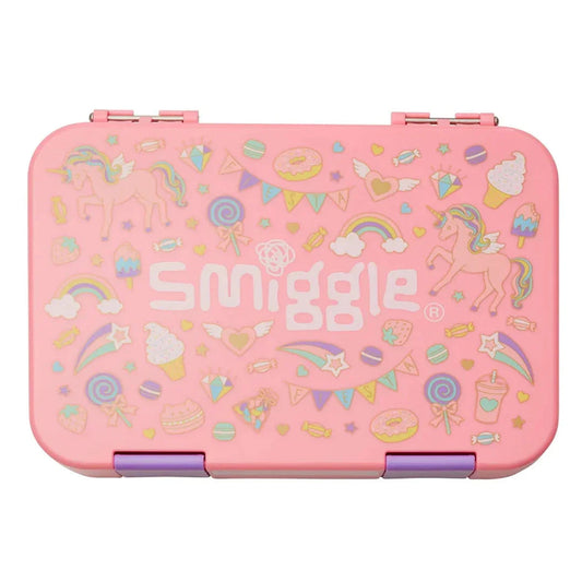 Smiggle Unicorn Party Happy Medium Bento Lunchbox 758ml – Leakproof Kids Lunch Box (Pink)