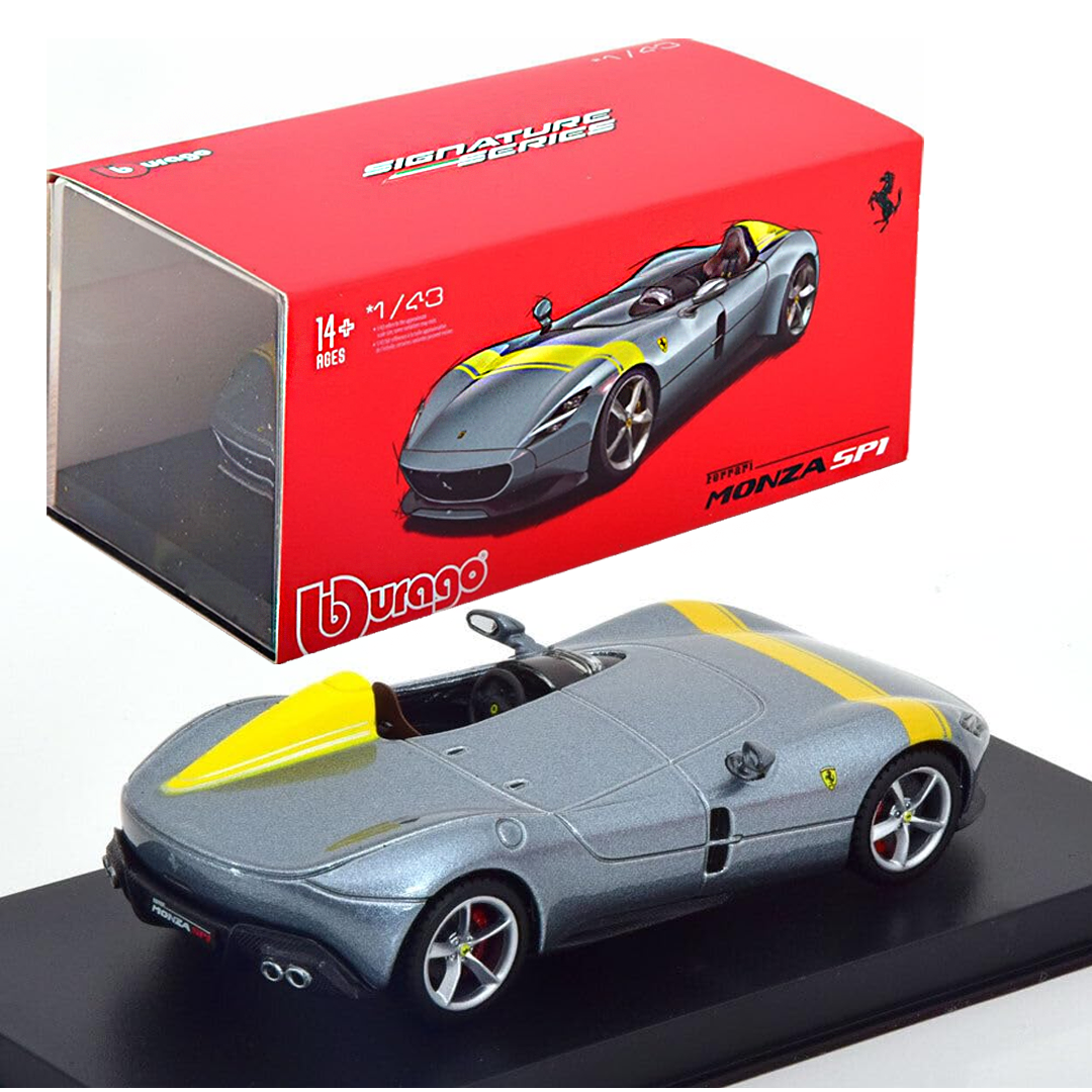 Bburago Ferrari Monza SP1 2024 silver 1:43 Signature Series diecast car model for age 14+.

