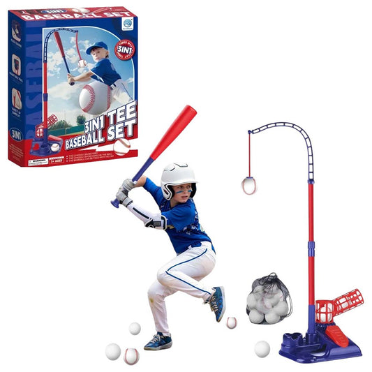 3-in-1 Kids Baseball Set – Tee Stand, Hanging Tee & Ball Launcher with 6 Balls | Adjustable Height Outdoor Game (Ages 3–12)